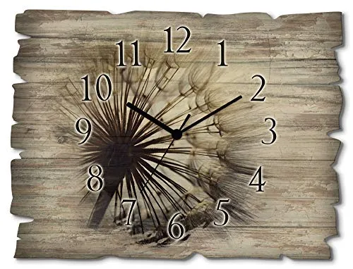 ARTLAND Wanddeko Wanduhr ohne Tickgeräusche aus Holz Funkuhr 40x30 cm Rechteckig Lautlos Blumen Pusteblume Natur Design Nordisch Originell T4RE