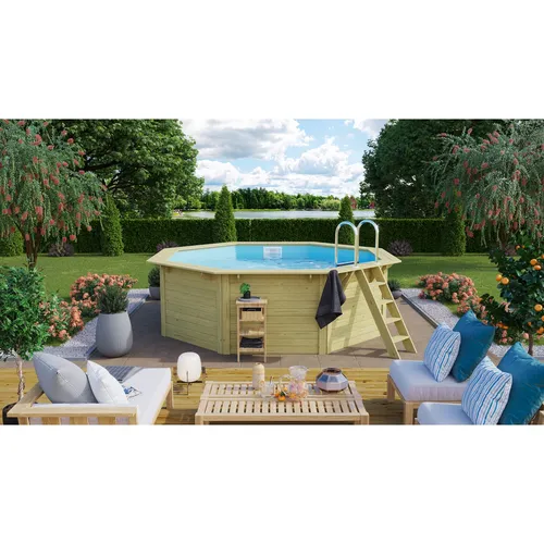 Karibu Achteckpool Massivholzpool kdi - Witterungsbeständig für Ihren Garten - Swimmingpool aus kesseldruckimprägniertem Massivholz, ideal für Familienbadespaß mit 11.000 Litern Wasserinhalt und einfacher Montage durch Stecksystem.