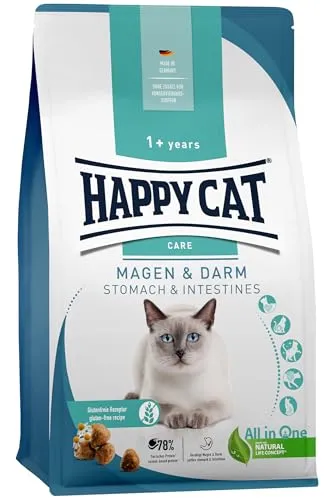 Happy Cat 70596- Care Magen & Darm - Katzen-Trockenfutter mit Ente für Sensible Katzen und Kater - 1,3 kg Inhalt