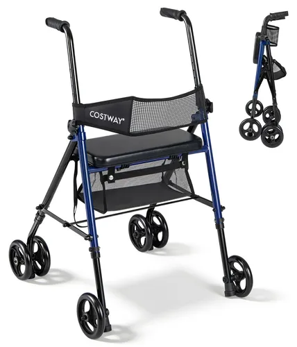 COSTWAY Faltbarer Rollator mit Sitz – Leichter 2in1 Rollstuhl für unterwegs