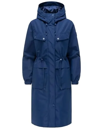 Navahoo Damen Übergangsjacke Parka Kirschwind 14 Navy Gr. XL - Stylischer Oversize Parka mit verstellbarem Taillenzugband und praktischen Brusttaschen. Ideal für die Übergangszeit, bietet dieser wasserabweisende Mantel Komfort und eine moderne Silhouette für den urbanen Alltag.