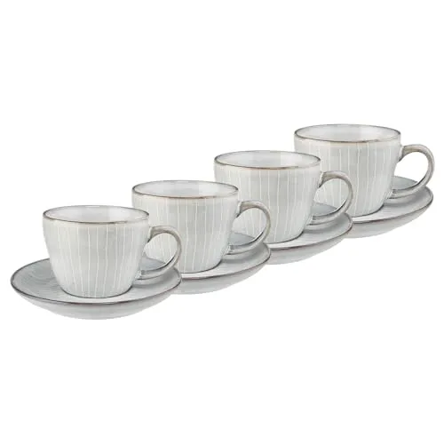 BUTLERS 4er Set Tassen mit Unterteller 270ml Keramik Geschirr -HENLEY- dickwandiges Set Kaffetassen Teetassen | Skandinavisches Landhaus Stil Deko | Mikrowelle, spülmaschinenfest