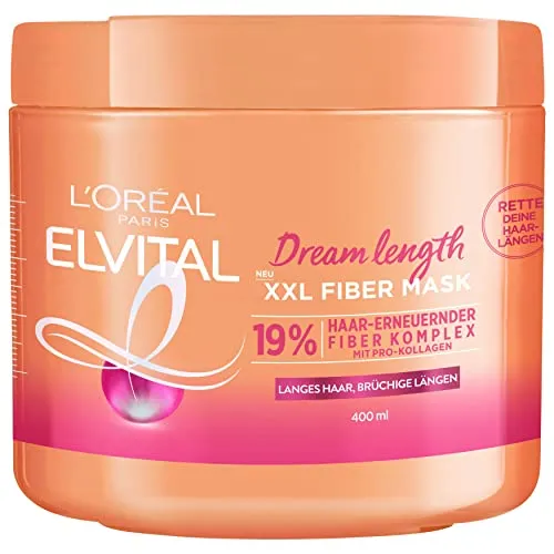 L'Oréal Paris Elvital Intensivkur für gesündere und vollere Haarlängen, Maske gegen brüchige Längen, Mit Pro-Kollagen, Dream Length XXL Fiber Mask, 1 x 400 ml