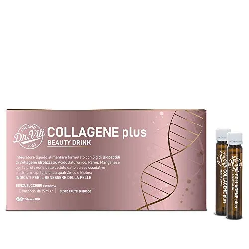 Dr. Viti Milano 1933 Collagen Beauty Drink Plus, Ergänzungsmittel mit Kollagen und Hyaluronsäure, zur Befeuchtung und Wiederherstellung der Haut, 10 Flaschen à 25 ml