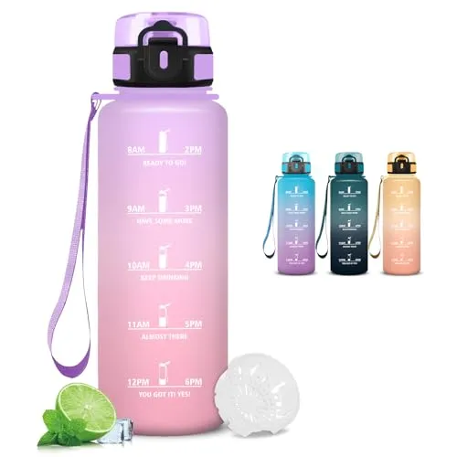 Trinkflasche 1.5l, Wasserflasche Sport, Trinkflasche Erwachsene, Wasserflasche Auslaufsicher, mit Zeitmarkierung und Filter, Leicht zu Reinigen, Flasche für Büro, Camping, Sprudel, Joggen, Gym