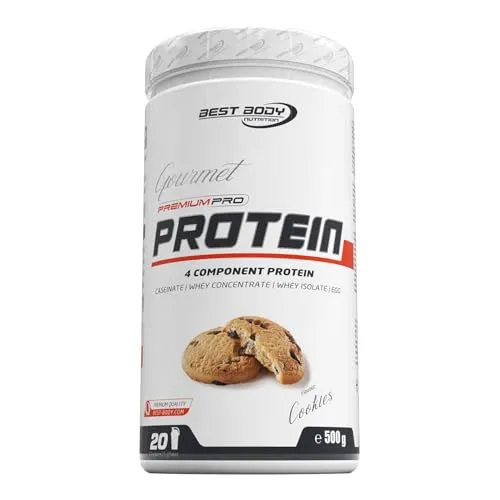 Best Body Nutrition Gourmet Premium Pro Protein, Cookies - 4 Komponenten Protein Shake - Mehrkomponenten Proteine mit 80% Proteinanteil für Muskelaufbau und -erhalt, cremige Konsistenz und perfekte Löslichkeit in Milch oder Wasser, ideal für Zuhause.