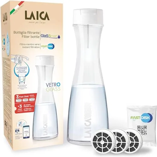 Laica Bk31A Glasfilterflasche Glassmart, 3 Fast Disk Filter inklusive, 360 Liter sofort gefiltertes Wasser, Weiß/Transparent, 13,8 x 13,8 x 38,8 cm; 1,06 kg