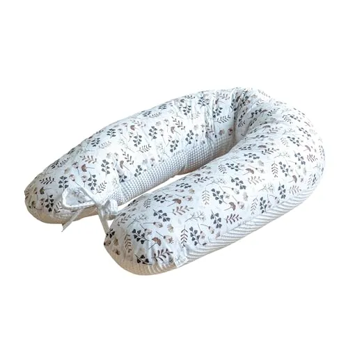 LOOLAY Schwangerschaftskissen - Stillkissen 190 cm - Seitenschläferkissen 100% Baumwolle - mit Abnehmbarem Bezug - Ergonomisches Schwanger Kissen für Schlafen (Weiß Waffel/Braun Wiese)