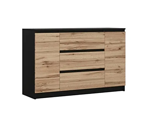 3E 3xE living.com Komodenschrank mit 2 Türen, 3 Schubladen, Farbe: Schwarz & Wotan Eiche, A: 120 x 79 x 39 cm, Schubladenkommode,