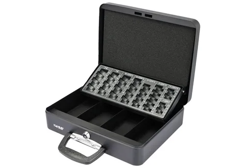 HMF Geldkassette 10016-02 Geldkassette abschließbar mit Münzzählbrett, Kasse mit Koffergriff, 30,5 x 24 x 8,5 cm, Schwarz