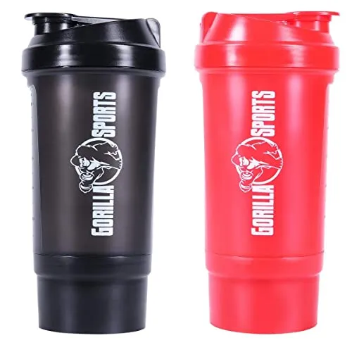 GORILLA SPORTS® Protein Shaker - 500ml, mit Pulverfach und Sieb, BPA frei, für Cremige Klumpenfreie, Mikrowellen Geeignet, Rot oder Schwarz - Proteinshake, Eiweiß Shake, Trinkflasche, Shaker Becher