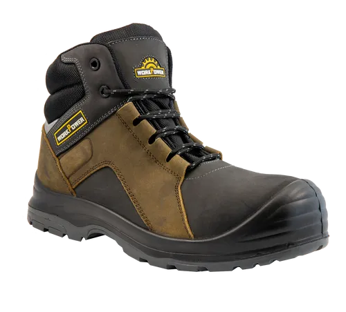 WORKPOWER Sicherheitsstiefel S3 Maurice für Herren – Metallfreier Durchtrittschutz & Kunststoffkappe in Größe 44 (Grau/Braun) - Robuste Sicherheitsstiefel mit metallfreiem Durchtrittschutz und rutschhemmender Sohle. Atmungsaktives Innenfutter sorgt für hohen Tragekomfort bei langen Arbeitstagen.