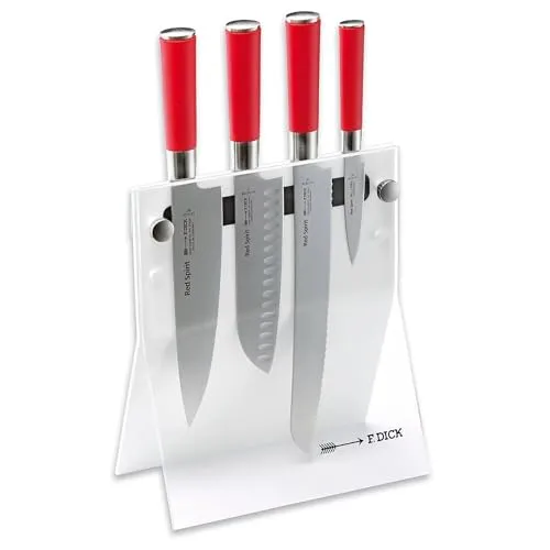 F. DICK Red Spirit Messerblock 4Knives – 4-teiliges Küchenmesser-Set - Küchenmesser mit stabiler Magnethalterung, leicht zu reinigen. Hochwertige X55CrMo14 Stahlklingen für lange Schnitthaltigkeit und angenehme Handhabung.