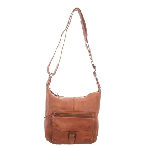Bear Design Damen Ledertasche Umhängetasche Cognac - Handgemachte Umhängetasche im Used-Look, 1 Hauptfach mit Reißverschluss und verstellbarem Schultergurt - ideal für stilbewusste Frauen.