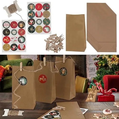 Adventskalender DIY Bastelset 72tlg.│ Papier Jute Holz 12x24x6cm │ Weihnachten Papiertüten Zahlensticker Schnur Klammern Kalender (1 x Adventskalender Bastelset 72tlg.)