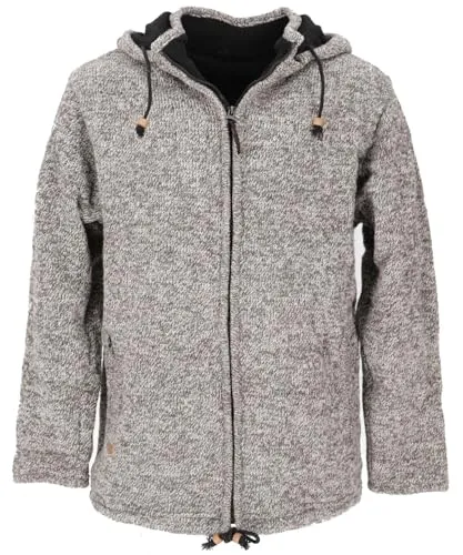 GURU SHOP Wolljacke aus Nepal - Warme Gefütterte Strickjacke für Herren - Strickjacke aus reiner Schafwolle mit Fleece-Futter, flauschiger Kapuze und Reißverschlusstaschen. Handgefertigt in Nepal, ideal für kalte Tage.