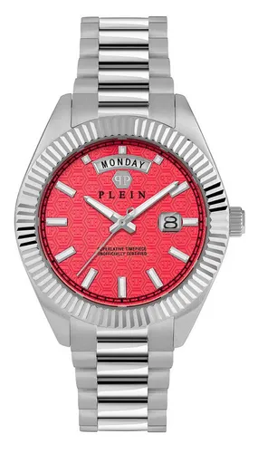 Philipp Plein PWPNA0224 Rock Couture Day-Date 42mm - Armbanduhr mit 42mm Edelstahlgehäuse und rotem Zifferblatt, zeigt Datum und Wochentag an. Wasserdicht bis 5 ATM, ideal für modebewusste Herren.