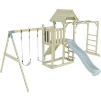 OutdoorToys Spielturm - Robuster Spielturm aus Holz in Eisblau, ideal für Kinder ab 3 Jahren. Perfekt für den Garten und fördert die aktive Spielzeit unter Aufsicht.