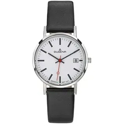Dugena Quarzuhr Moma 4460400-1 - Elegante Armbanduhr mit 33 mm Edelstahlgehäuse, weißem Zifferblatt und schwarzem Lederarmband. Ideal für jeden Anlass und spritzwassergeschützt bis 3 bar.