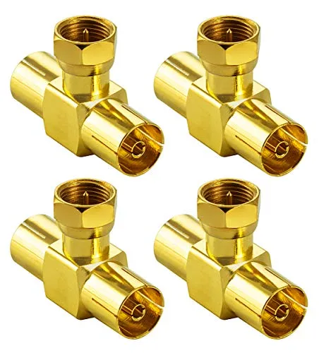POPPSTAR 4x Sat TV Coax Adapter Verteiler T-Stück (1x F-Stecker auf 2x IEC Antennenbuchse) für Koaxialkabel Antennenkabel vergoldet