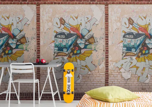 Fototapete Ziegelstein Mauer Graffiti Industrial Braun Beige - Moderne Fototapete im Backstein-Design, abziehbar und hoch waschbeständig – perfekt für jeden Raum!