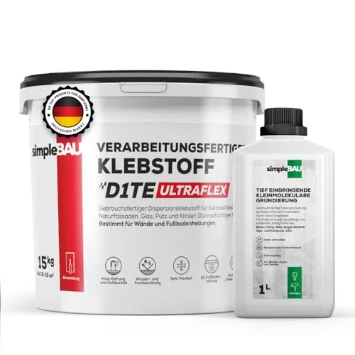 simpleBAU Fertigfliesenkleber 15KG Universal Kleber für Gipskartonplatten +1L Grundierung. Osb-Kleber für schwierige Untergründe Kleber für Fußbodenheizung Keramik Stein Fliesen