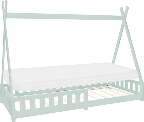 ML-DESIGN Kinderbett Hausbett Tipi Zeltbett - Betten für Kinder - Abenteuerbett im Mint-Look mit Rausfallschutz und Lattenrost, ideal für kreative Schlafräume und sicheres Spielen.