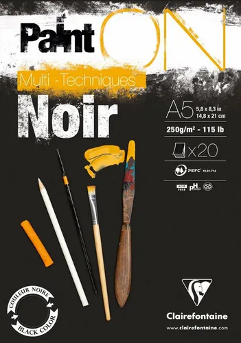 Clairefontaine PaintON Noir A5 Block - 20 Blatt, 250g - Hochwertiger Mixed Media Block in A5 mit 250g schwerem schwarzem Papier, ideal für kreative Kunstprojekte und Zeichnungen.