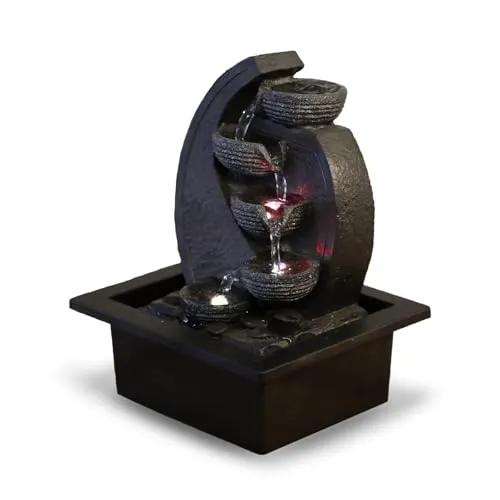 Zen'Light - Zimmerbrunnen Wasserfall V2 4 Ebenen in Natursteinoptik mit farbigem LED-Licht - Moderne Zen Tischdekoration, Ideal für Meditation und Entspannung - H 26 cm