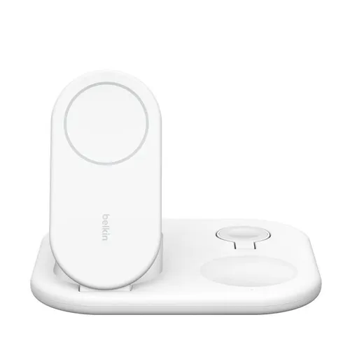 Belkin BoostCharge 3-in-1 Induktive Ladestation - Kabelloses Qi-Ladegerät für iPhone, Apple Watch und AirPods, mit 15 W Schnellladefunktion und klappbarem Ständer für flexibles Laden unterwegs.