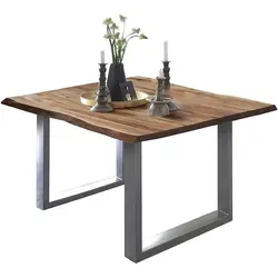 Esszimmertisch 90x90 cm ULM, Baumkantentisch naturfarben, Akazienholz massiv, U-Gestell aus Metall Silber - Braun
