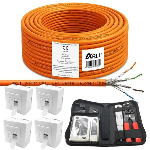 ARLI Cat7 Verlegekabel Set 100m mit Netzwerkdosen und Werkzeug - Umfassendes Set für professionelle Netzwerkinstallationen: 100m Cat7 Verlegekabel, 4 Netzwerkdosen und praktisches Werkzeug für einfache und effiziente Verkabelung.