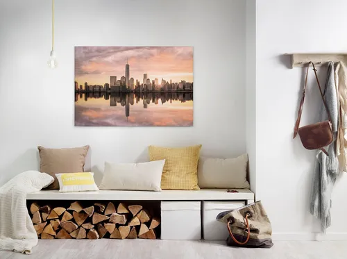New York Skyline Leinwandbild Grau Orange 90x60 - Bilder & Drucke, beeindruckendes Wandbild im Amerika-Stil, ideal für jedes Zimmer, bringt den urbanen Flair von New York in Ihr Zuhause.