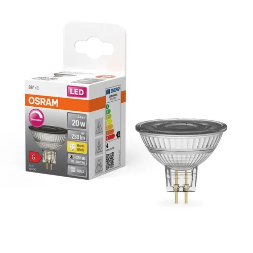 Osram LED MR16 Glas Reflektor 3,4W dimmbar GU5,3 12V - Energieeffizienter LED Reflektor mit warmweißem Licht (2700K) und einer Lebensdauer von bis zu 25.000 Stunden. Ideal für stimmungsvolle Beleuchtung.