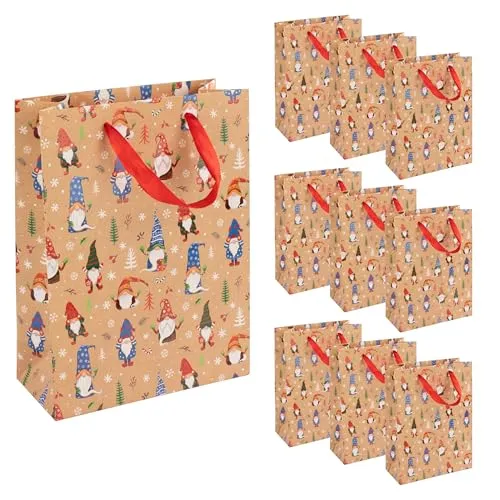 Idena 90406 - Geschenktaschen Wichtel, 10 Stück, Papiertüten in der Größe 34,5 x 25 x 8,5 cm, Geschenktüten für Weihnachten
