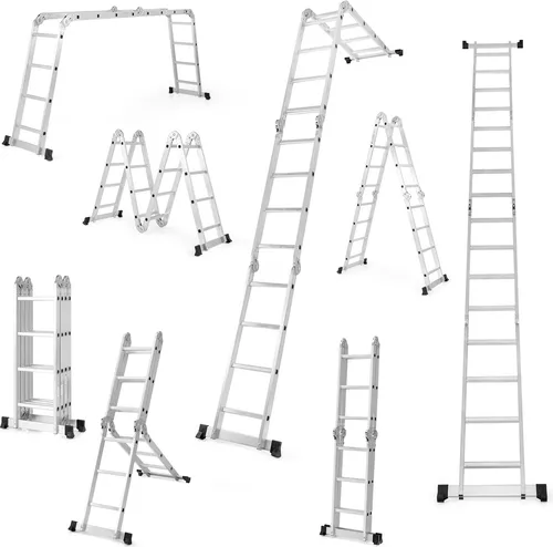 COSTWAY 7-in-1 Klappleiter bis 150kg, verstellbar auf bis zu 370,5cm - Multifunktionale 7-in-1 Leiter für diverse Einsätze: gerade, Trittleiter, Gerüst und mehr. Robuster Aluminiumrahmen, rutschfeste Pedale und kompakte Lagerung machen sie ideal für Zuhause und im Freien.