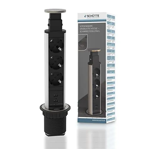 SCHÜTTE 3073 versenkbare Steckdosenleiste für die Arbeitsplatte (2xUSB&3x230VSteckdosen),EinbausteckdosefürdieKüchezumNachrüsten,TischsteckdoseausEdelstahl