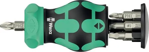 Wera Schraubendreher Kraftform Kompakt Stubby RA 4, 6-teilig - Bitsatz mit kompaktem Ratschenschraubendreher, ideal für enge Räume. Ergonomischer Griff und integriertes Bit-Magazin für effizientes Arbeiten.