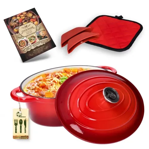 Bräter Schmortopf aus emailliertem Gusseisen mit Kondensations-Deckel, 5,5L Edelstahlgriff, für alle Herdarten inkl. Induktion geeignet, Backofenfest bis 260°C inkl. Topflappen & Silikongriffen Red