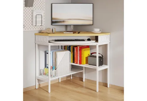 FUFU&GAGA Schreibtisch Eckschreibtisch 360° innovativer Schwenk-Schublade, Weiß, Modern