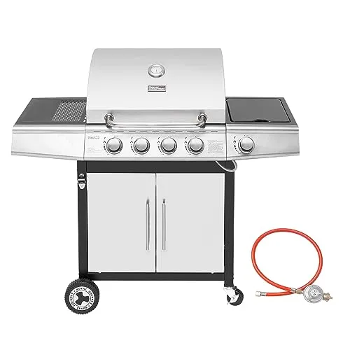 Royal Gourmet 4+1 Brenner Gasgrill mit automatischer Zündung - Grills für Outdoor Barbecue, 14,5 kW Leistung für schnelles Grillen, integriertes Thermometer und praktischer Unterschrank für Zubehör und Grillgut.
