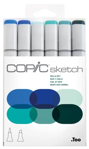 COPIC Layoutmarker Sketch Set Sea und Sky, 6 Stück - Schreibutensilien für kreative Köpfe: 6 farbige Marker mit flexibler Pinselspitze zum mühelosen Schattieren und Verblenden. Professionelle Qualität, nachfüllbar und ideal für Kunst und Design.