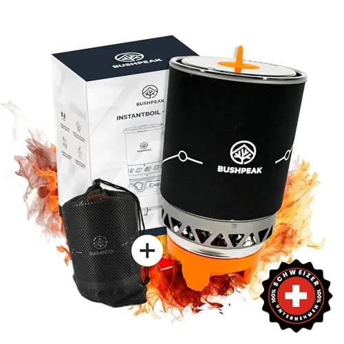 Bushpeak Gaskocher Outdoor Instantboil mit Transporttasche und Aufsatz 900 ml - 1800 ml I Campingkocher Gas Set 1-flammig mit Kochtopf und Piezozündung (1800ml)