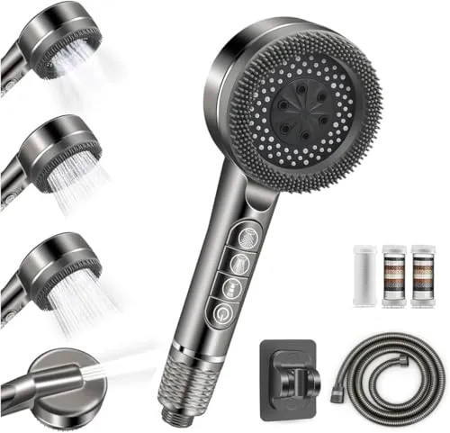 Arbudspro Hochdruck-Duschkopf mit Filter, 1,5-m-Schlauch und Stoppfunktion | 4 Strahlarten Handbrause,Sparduschkopf mit Antikalk-Funktion und Halterung*1,Ersatzfilter*3 reduziert Restchlor, Bakterien