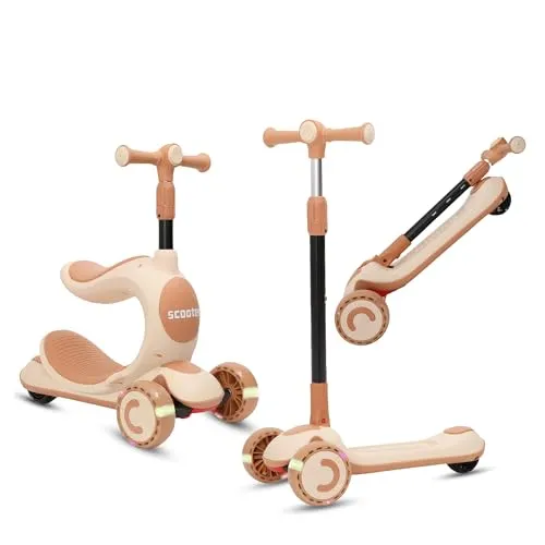 Kinderroller – 3-in-1 Kinder Roller Dreirad mit Sitz & LED Rädern, höhenverstellbar & faltbar – Roller Kinder für Jungen & Mädchen, sicher & robust, ideal als Tretroller ab 2 bis 10 Jahre - Khaki