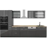 Vicco Küchenzeile R-Line, Anthrazit Hochglanz, 350 cm - Moderne Küchenzeile in Anthrazit Hochglanz, modular erweiterbar für individuellen Stauraum und höhenverstellbare Füße für optimalen Komfort. Ideal für jede Küche!