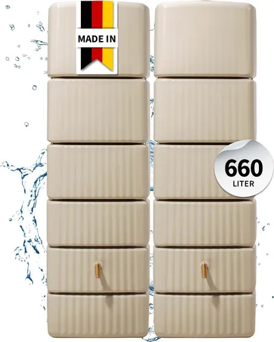 4rain Slim Regentonne Set 660 L, sandbeige - Platzsparend & nachhaltig - Regentonnen Set mit 660 L Kapazität, ideal zur umweltfreundlichen Gartenbewässerung. Zwei verbundene Wandtanks im schlanken Design sparen Platz und nutzen Regenwasser effizient.
