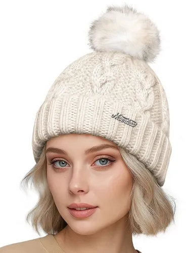 Neverless Strickmütze Damen Strickmütze Zopfstrickmuster Bommelmütze gefüttert mit Fleece