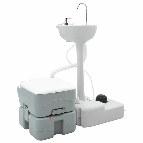 vidaXL Camping Set 2 pcs Grau - Praktische Camping-Toilette - Camping-Möbel: Tragbares Toiletten-Set aus robustem Plastik, ideal für den Außenbereich. Leicht zu reinigen und perfekt für Sommer-Camping, bietet es Komfort und Benutzerfreundlichkeit.