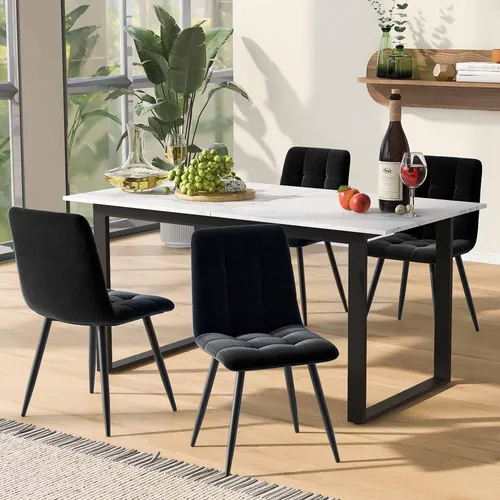 Fortuna Lai Essgruppe,(Set,140/180×80×75cm Esstisch mit 4 Stühlen), Moderner Küchentisch Set ,Schwarz Samt Esszimmerstühle ,MDF Tischplatte in Weißer,Schwarz Tischbeine